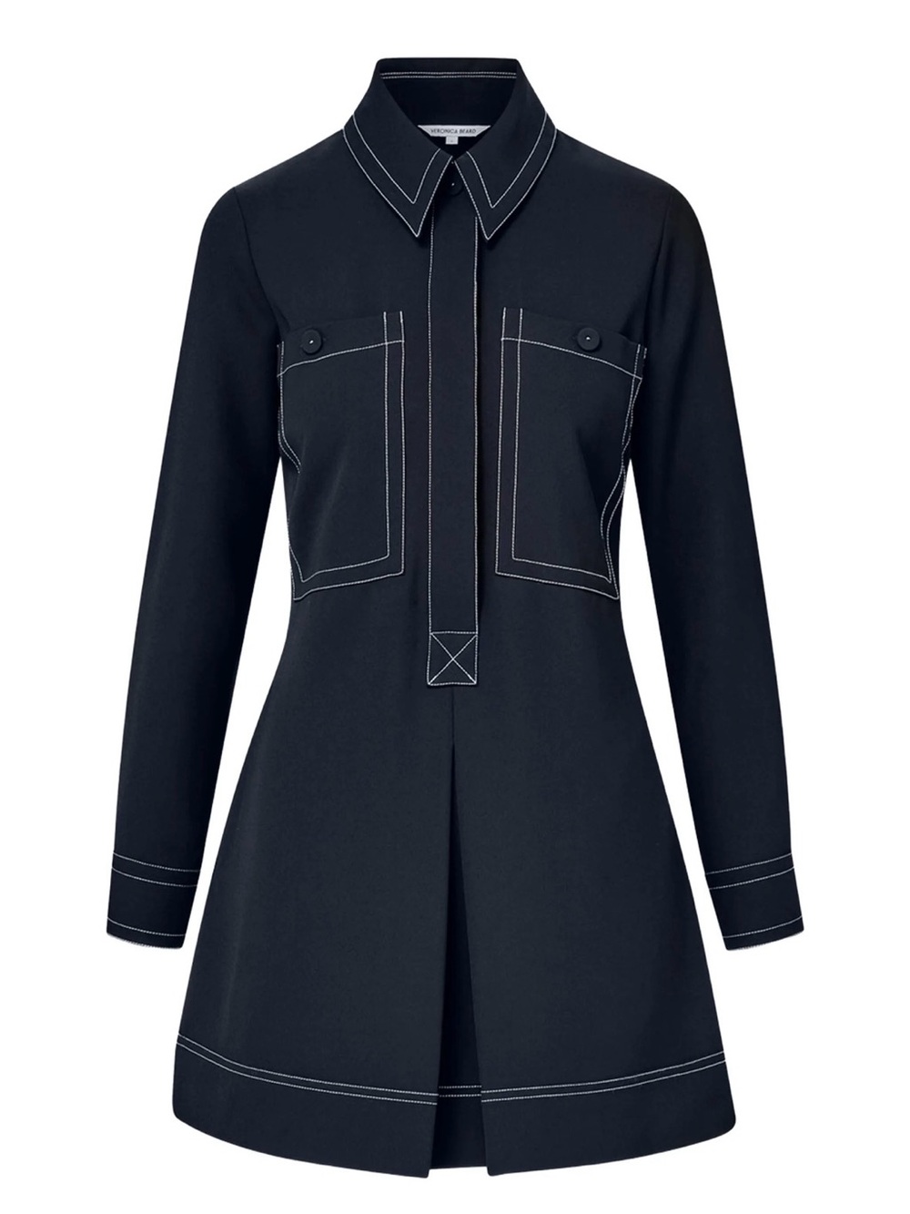 Veronica Beard Navy Long-Sleeve Contrast-Stitch Shirt Dress